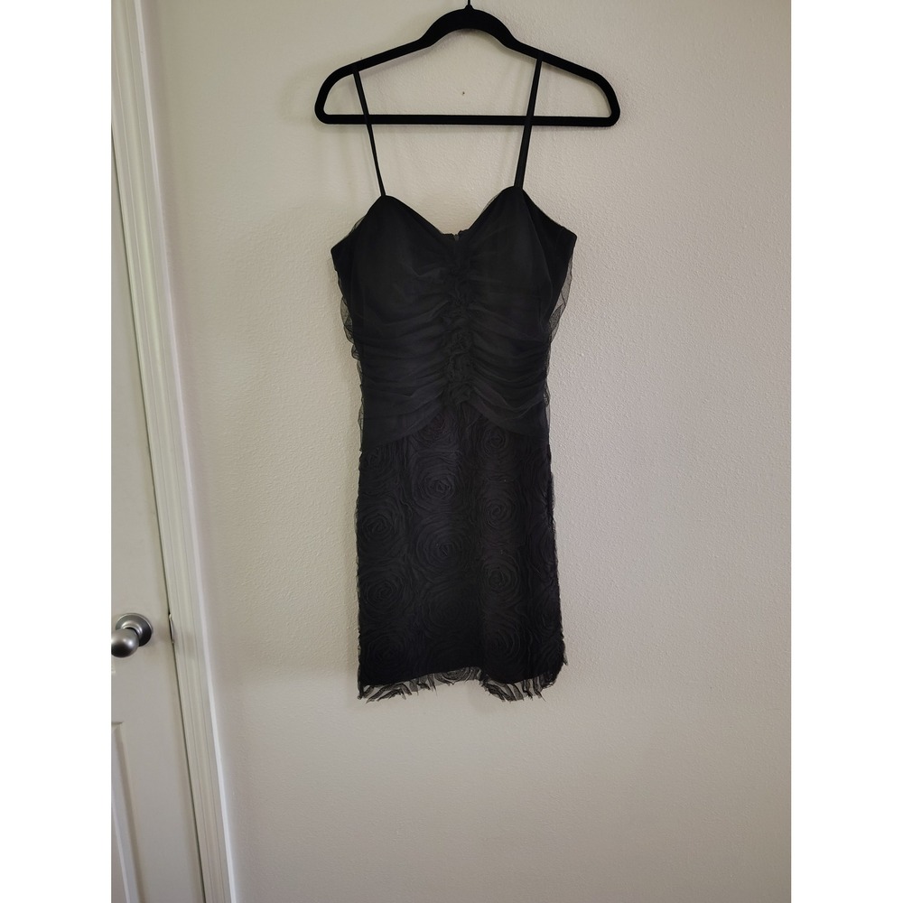 NW Collections Womens Black Ruched Mesh Rosette Mini Cocktail Dress Size 12 LBD
